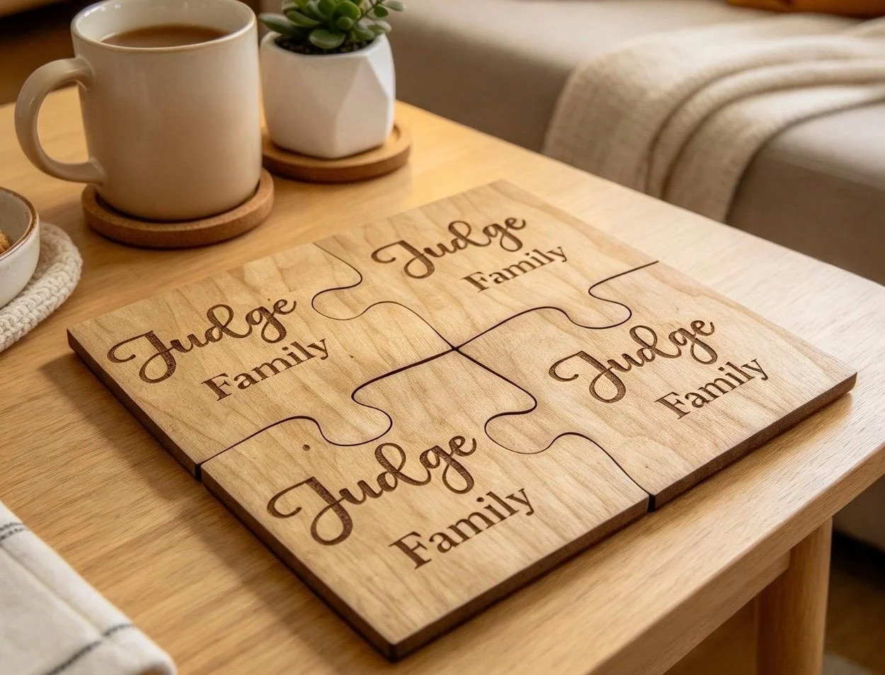 Set of interlocking wooden family coasters engraved with names