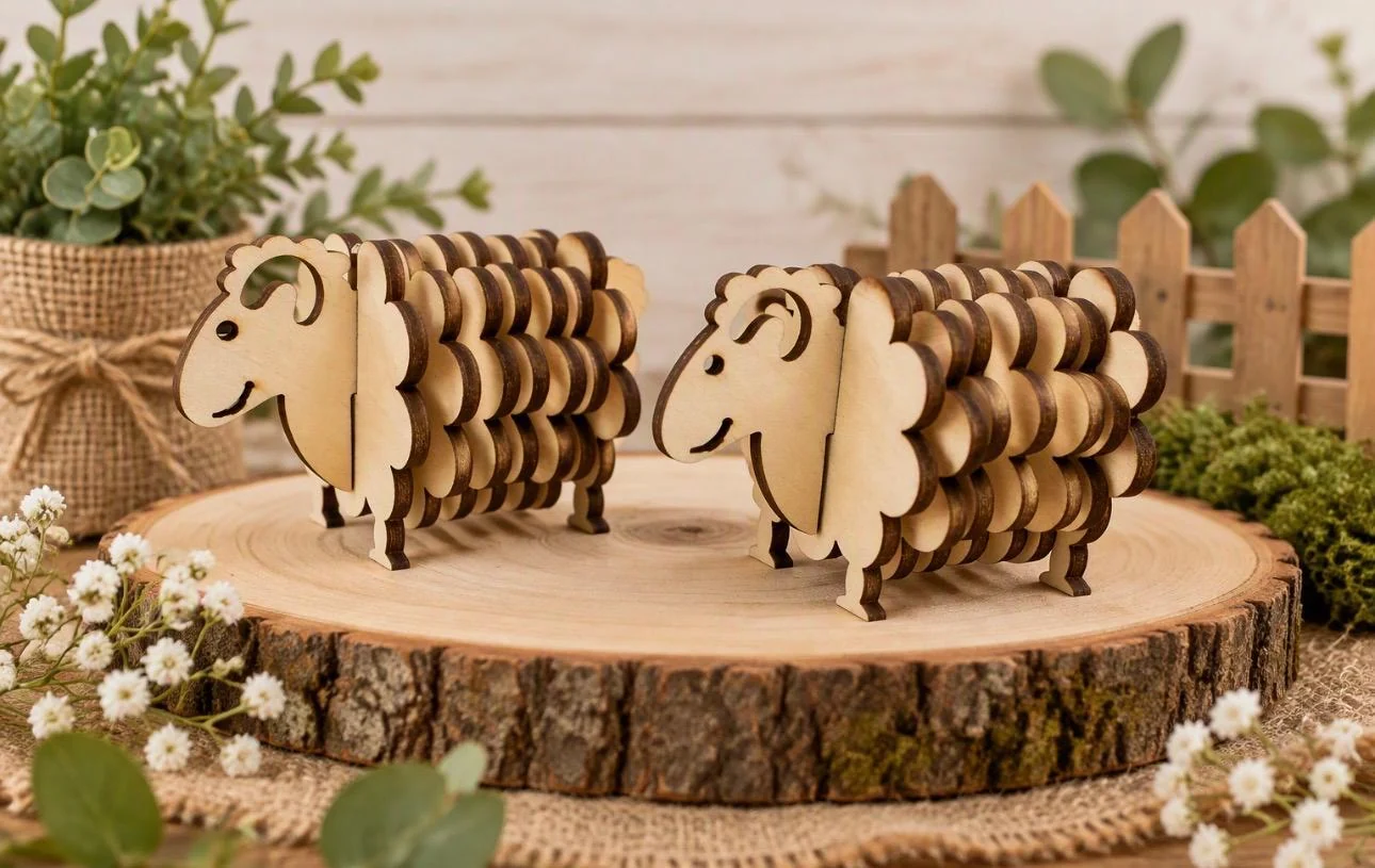 Two layered wooden sheep ornaments displayed on a tree slice