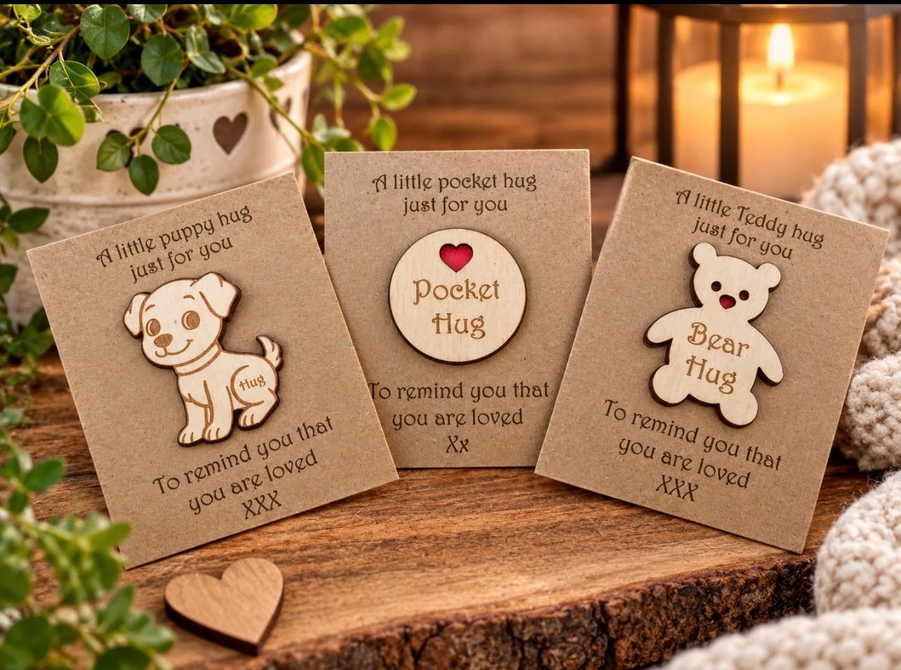Three illustrated pocket hug cards with small wooden keepsakes