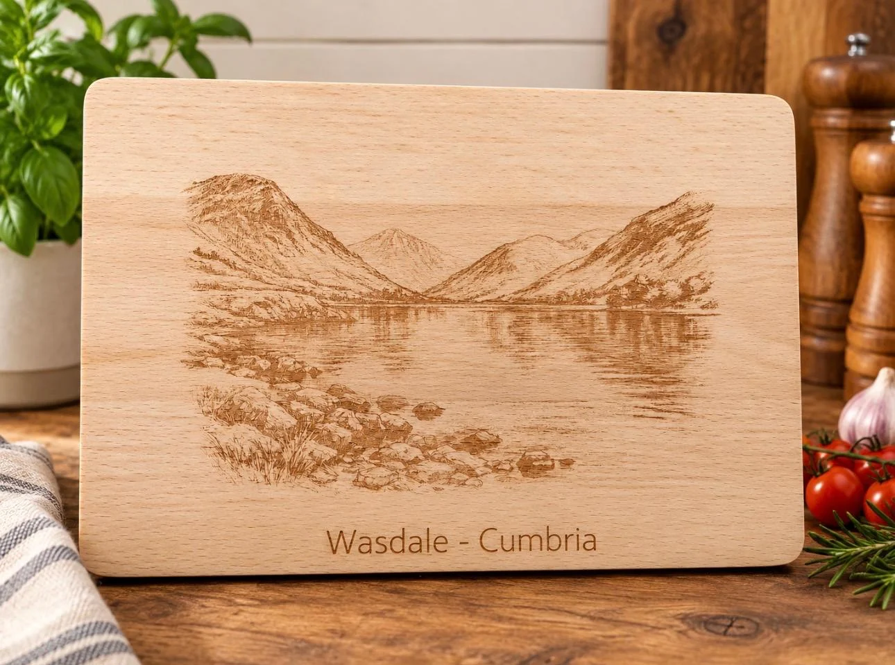 Wooden plaque engraved with a landscape of Wasdale in Cumbria